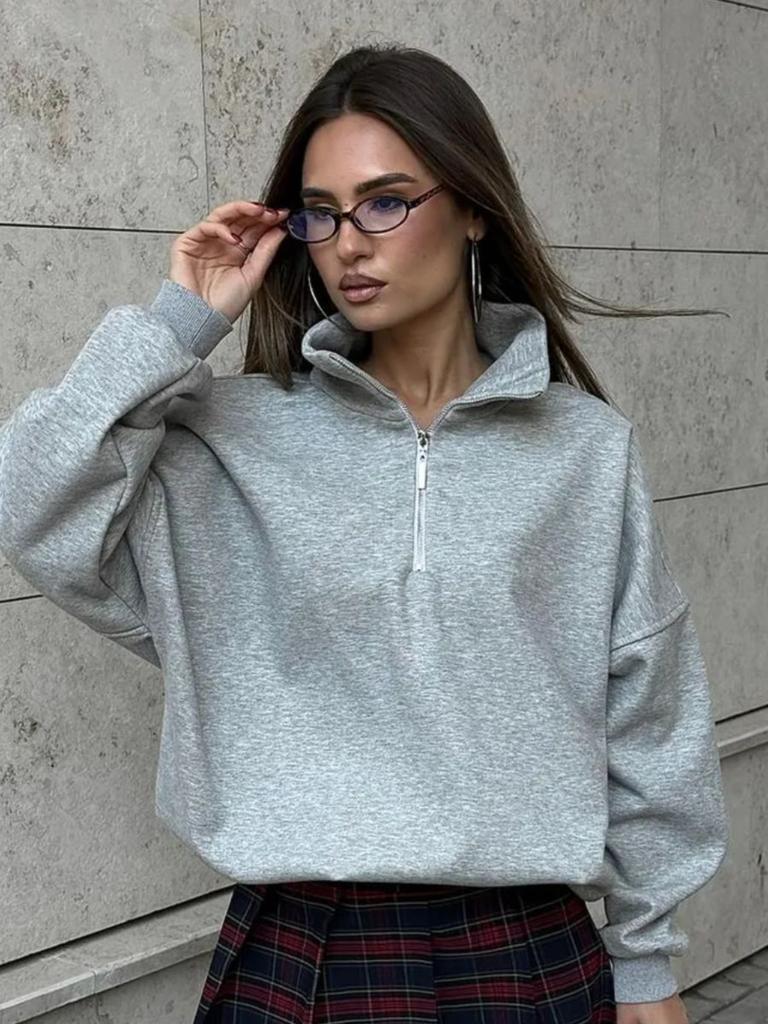 Однотонная верхняя одежда на половину молнии со стойкой воротником, модный трендовый свитшот с лацканами, свободный топ