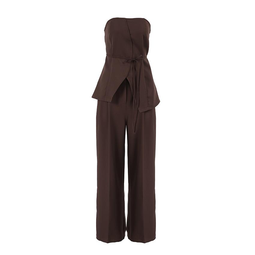 Spring and summer dark brown retro style tube top design feeling off-the-shoulder lace-up top trousers two-piece set European and American fashion