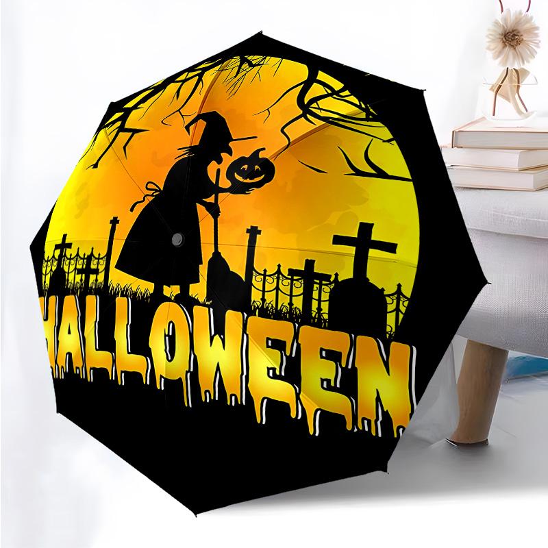 Halloween Castle Themed Folding Umbrella Fashion Auto-Open 8 Iron Ribs Plastic Handle Foldable Sunshade Perfect Christmas Gifts