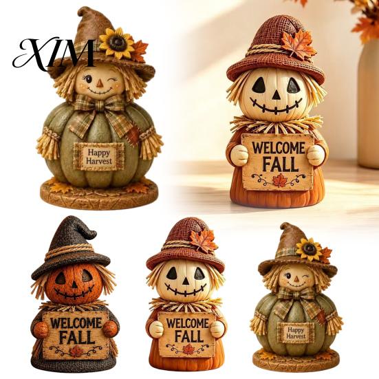 Fall Farmhouse Table Centerpieces 3 Pcs Wooden Scarecrow Figurines, Rustic Statue with Maple Decorative Straw Figures for Home Leaf, Sunflower, Autumn
