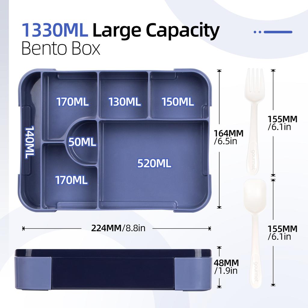 1330ML Bento Box Adult Lunch Box Containers with 6 Compartment for Adults/Kids With Tableware Sauce Lunch Box Microwave