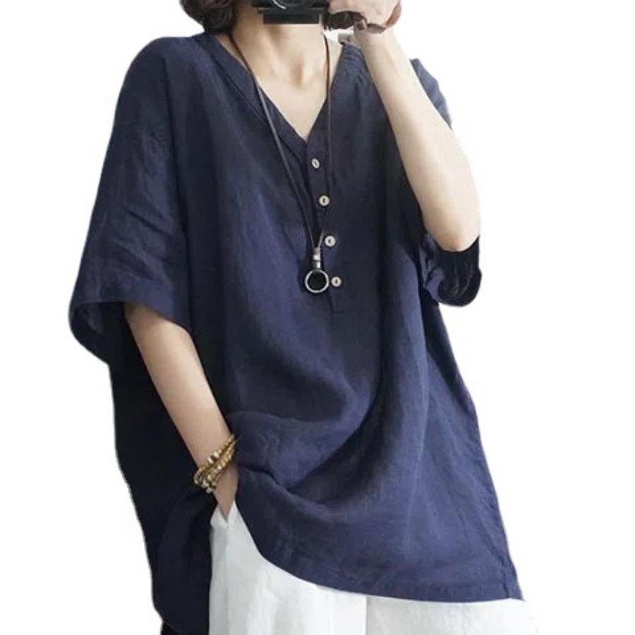Buttons V Neck Summer T Shirt Retro Short Sleeve Women's Large Size Loose Cotton Linen Blouse Top