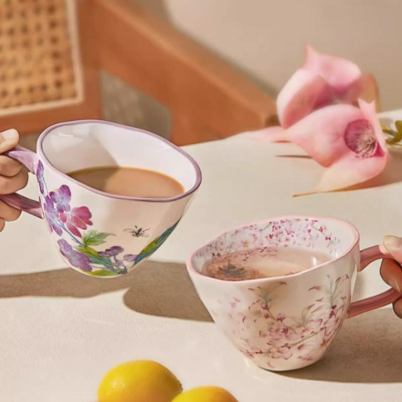 Керамическая кофейная кружка с цветочным рисунком, Премиальная кофейная/чайная кружка из костяного фарфора 350 мл, Чашка для чая, Кружка для завтрака