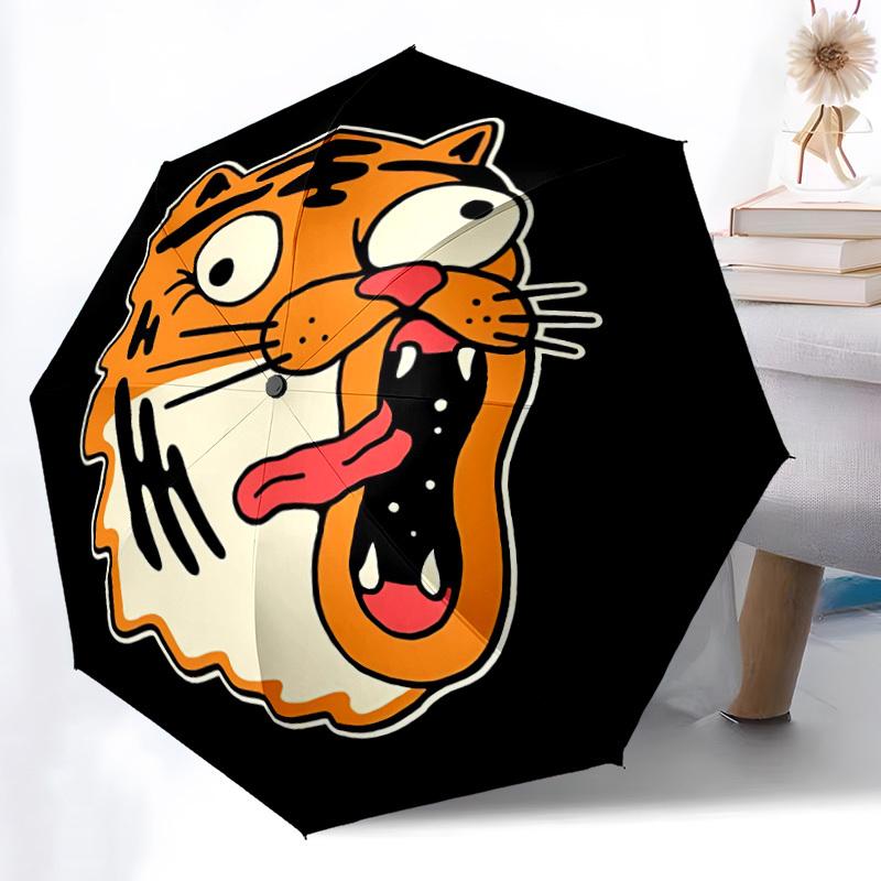 1pc Tiger Face Adventure Auto Open/close, 8-Rib Iron Frame, Compact Folding Cute Umbrella All-Season Portable Umbrella for Travel 040