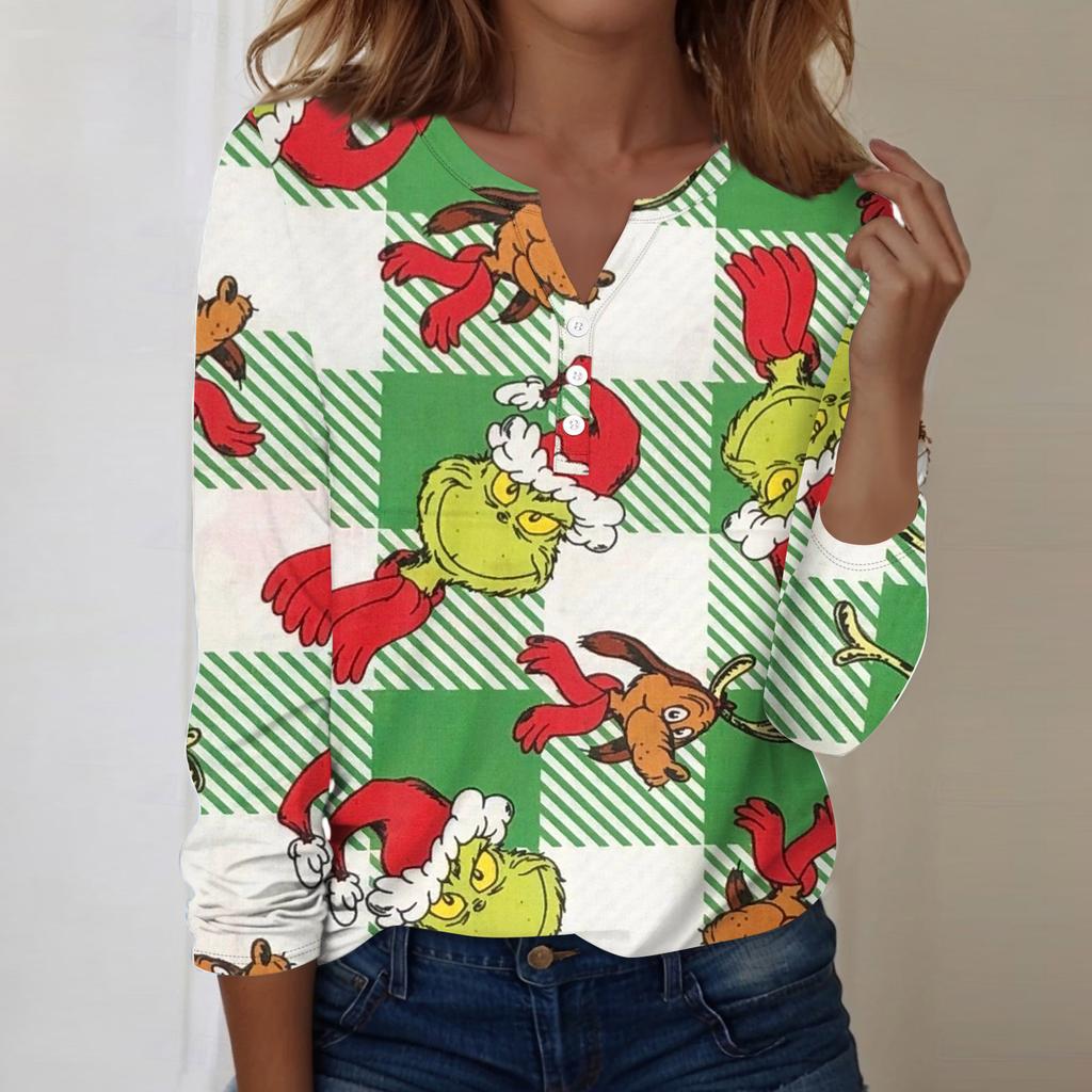 Women's Fashion Casual V-Neck Long Sleeve Decorative Button Christmas Print Top