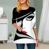 Plus Size Women Flower Face Recognition Print Round Neck Casual Loose Long Sleeve Top
