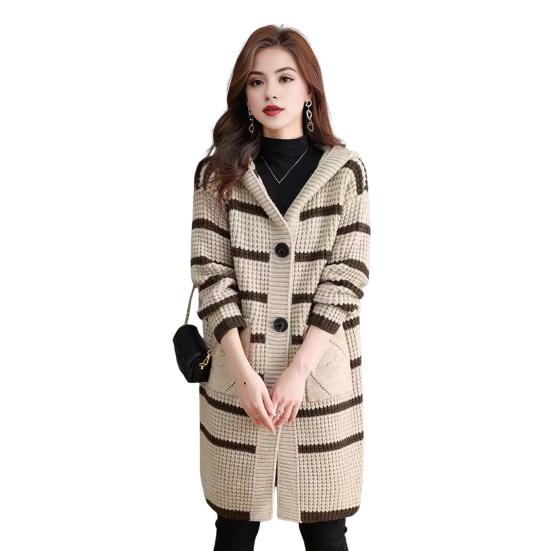 Женское вязаное пальто с капюшоном, длинным рукавом, полосатым принтом, свитер, пальто с карманами, свободный