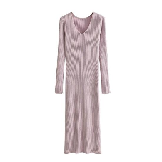 Женское платье-свитер осеннее с длинным рукавом, V-образным вырезом, в рубчик, с разрезом, длинное платье, повседневное облегающее платье миди