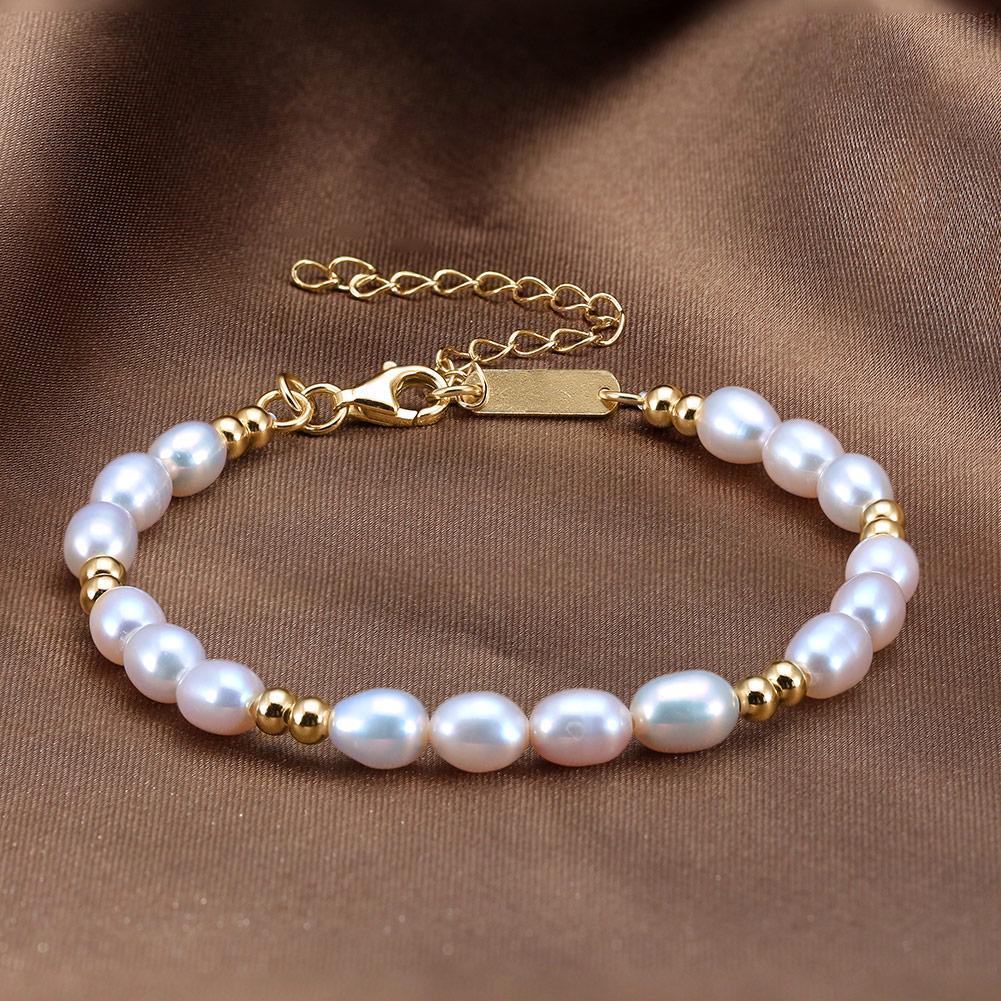 Elegant Gold Beads with Cultured Freshwater Pearl Bead 925 Sterling Silver Bracelet Jewelry Factory
