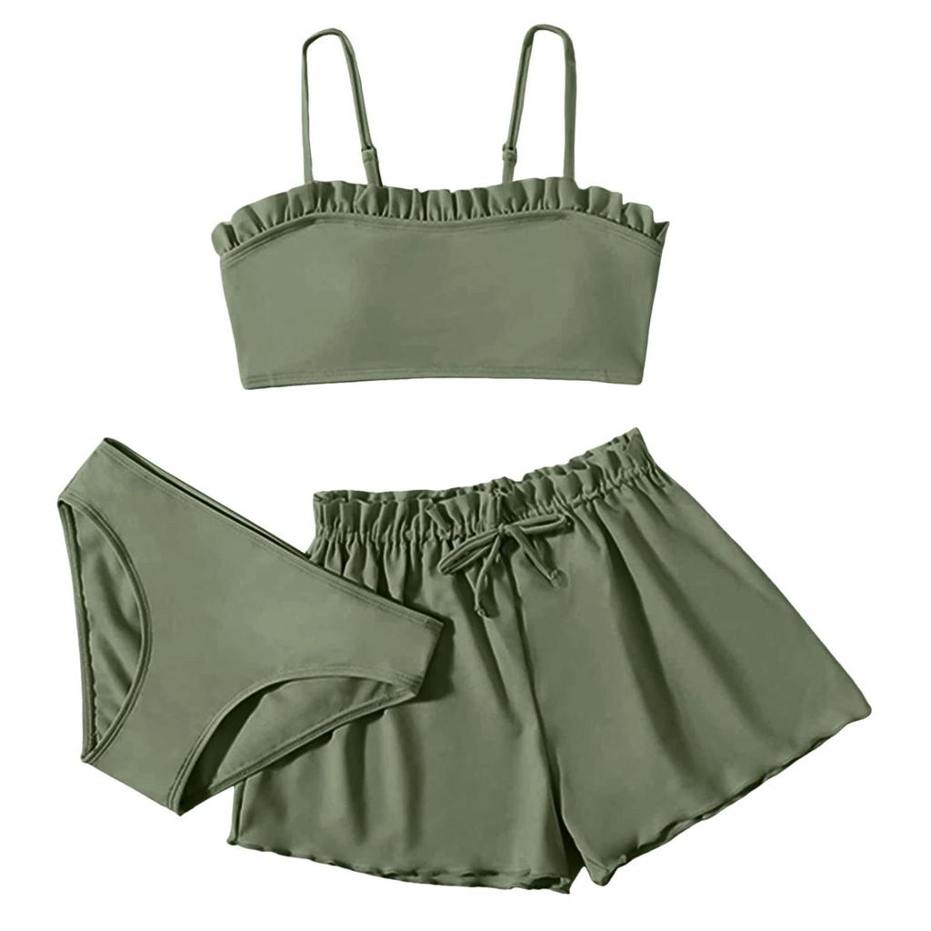 1Set Children's Solid Color Ruffled Two-piece Swimsuit Girls Three-piece Swimsuit Set