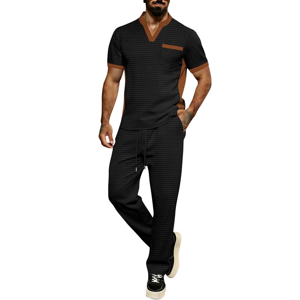 Men's V-neck Tie Pocket Short Sleeved T-shirt And Trousers Outdoor Casual Two Piece Set