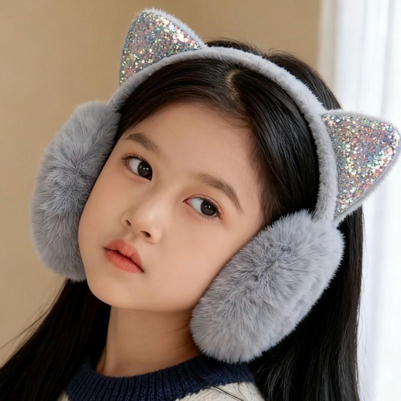 Kids Warm Fleece Ear Muffs With Sparkle Sequins Cartoon Design Winter Outdoor Use Unisex