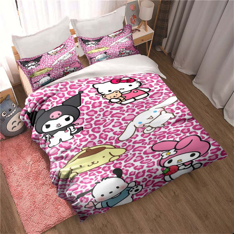 3D printed cartoon Cinnamoroll themed three-piece bedding set, including duvet cover and pillowcases, a perfect holiday gift.