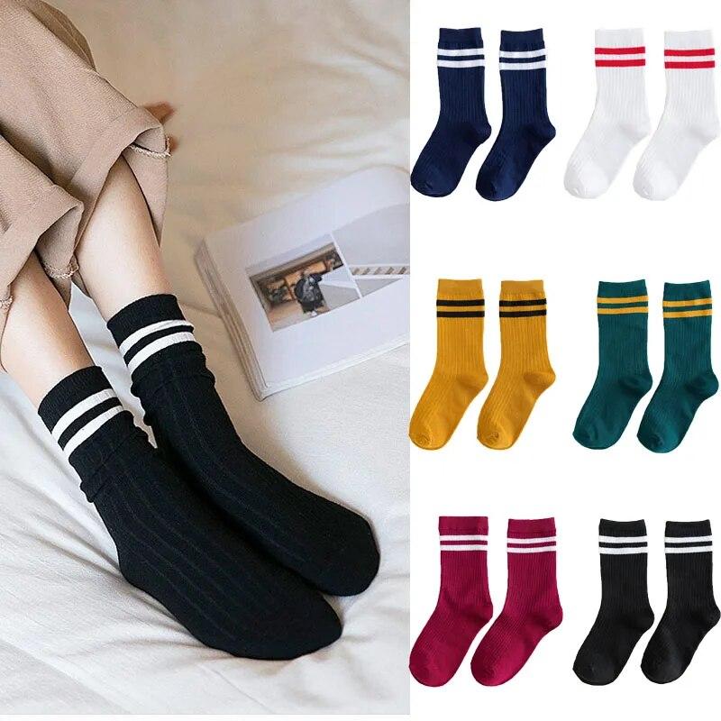Socks Women's Autumn and Winter Japanese Style Pile Socks Solid Color Mid-tube College Style Parallel Bars Trend Retro Ladies Striped Socks