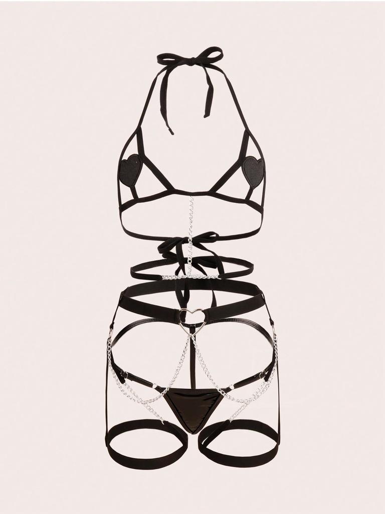 Three Pieces Women's Sexy Lingerie Set, Strappy Chain Body Chain, Bondage Heart-Shaped Sexy Set