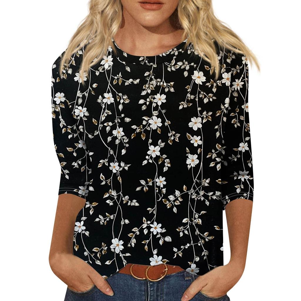 Women's Fashion Casual Round Neck 3/4 Sleeve Loose Printed T-Shirt Ladies Top
