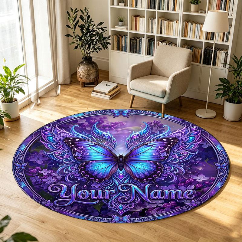 Butterfly Moth Dragonfly (37) Theme Circular Crystal Velvet Carpet Customized Name & Text Round Soft Floor Rug For Living Room Bedroom Decor