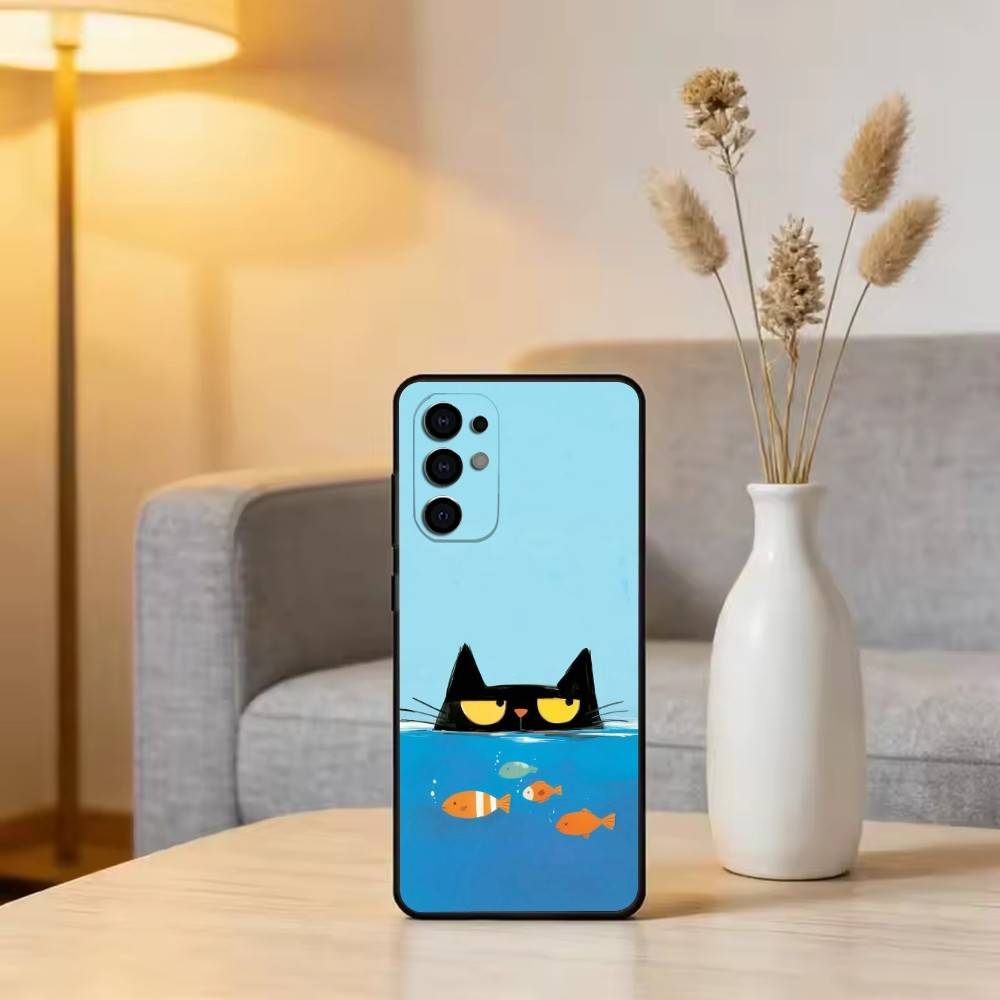 Милая иллюстрация черного кота Чехол для телефона Для Samsung S25, S24, S21, S22, S23, S30, Ultra, S20, Plus, Fe, Мягкий силиконовый черный чехол