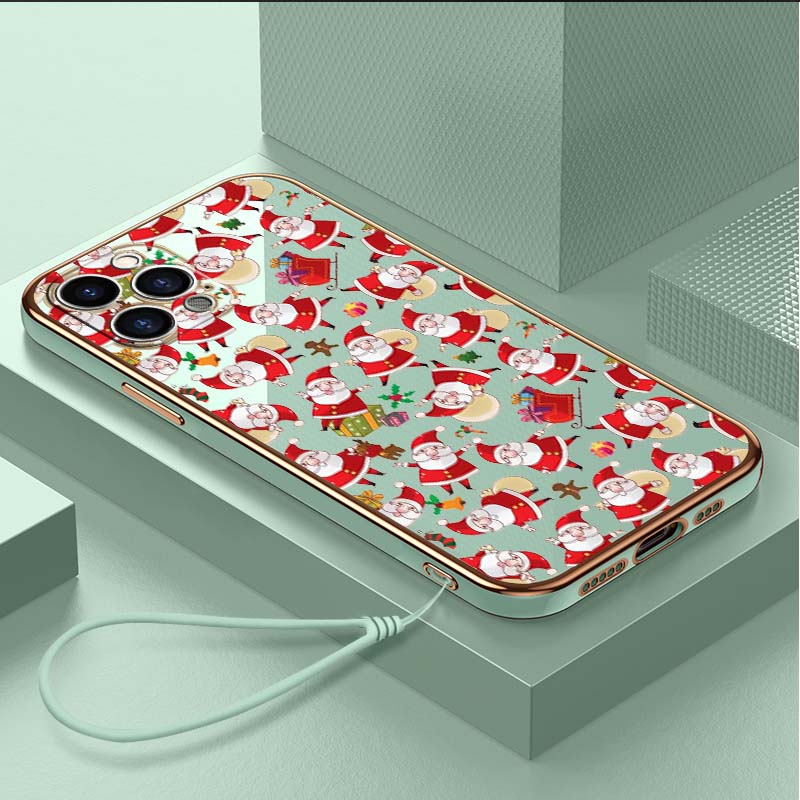 Luxury Plated TPU Phone Case With Lanyard for iPhone 6 6s 7 8 Plus SE XR XS 11 12 13 14 15 Pro Max Soft Cases A23 Santa Claus Happy New Year Cover