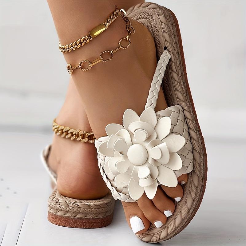 Женские шлепанцы на плоской подошве с цветочным узором, туфли с открытым носком и плетеной лентой в стиле бохо, повседневные нескользящие шлепанцы