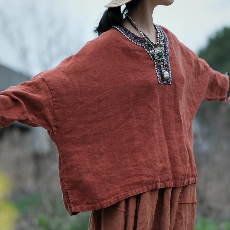 Johnature Spring Summer Women Stitching Linen V-Neck Vintage Loose T-Shirt Sleeves Solid Color Distress T-Shirt