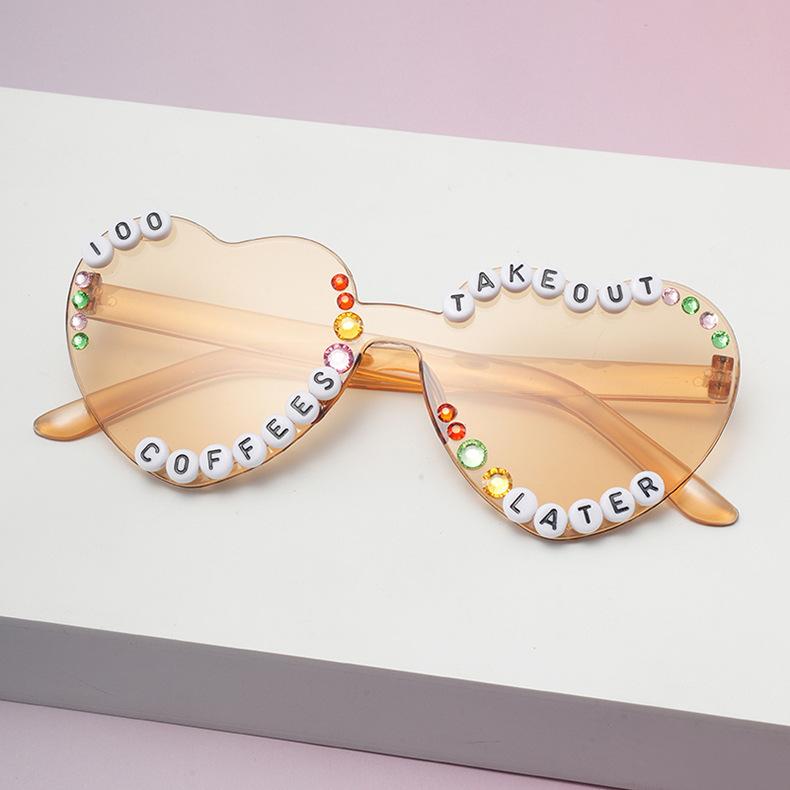 Letter peach heart frameless sunglasses adult integrated diamond-encrusted glasses jelly love sunglasses