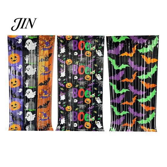 Holiday Party Backdrop Foil Fringe Curtain for Halloween, Orange Purple Black Background Tinsel Photo Booth Props, Pumpkin Ghost Bat Halloween