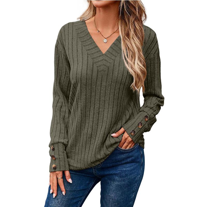 Women's Autumn Winter Long Sleeved V-neck Shirt with Solid Color Buttons T-Shirts Women’s