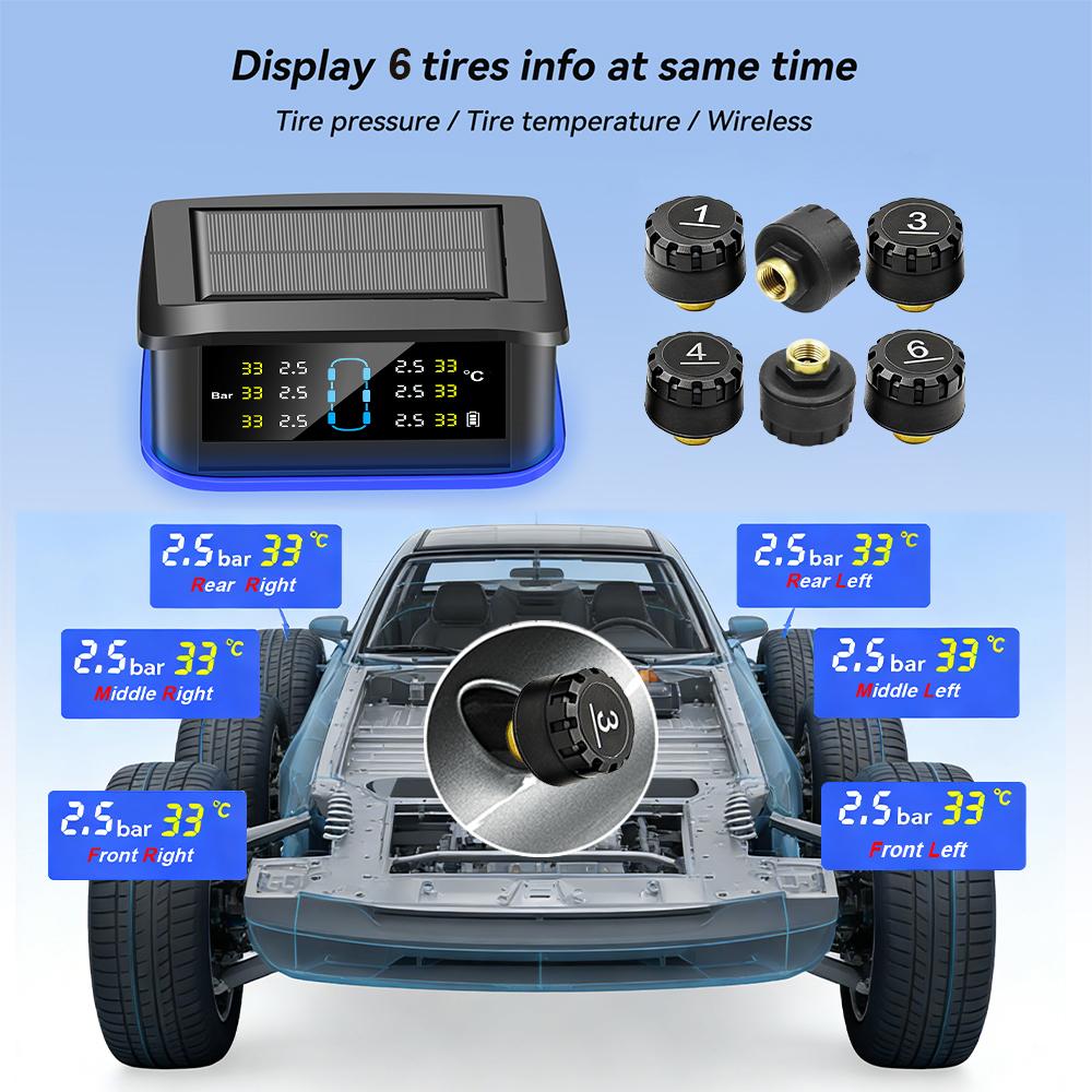 Система мониторинга безопасности сигнализация солнечная TPMS цифровой ЖК-дисплей грузовик RV TPMS со световым индикатором предупреждение сигнализация давления в шинах автомобиля 6 внешних датчиков