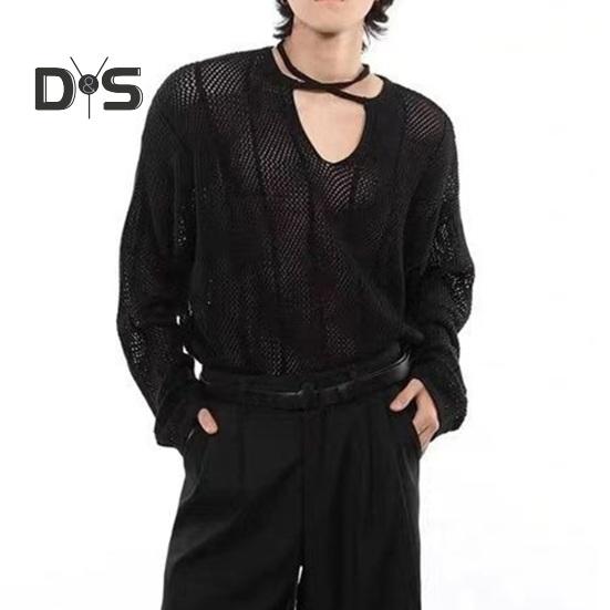 Осень-зима мужской свитер с ажурной резинкой и длинными рукавами, однотонный трикотажный пуловер с V-образным вырезом, средней длины, теплый трикотаж