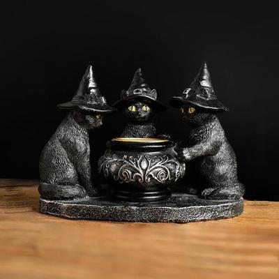 Хэллоуин Подсвечник Черный кот Смола Статуэтка кошки-ведьмы Подсвечник для чайной свечи Готическая фигурка Настольные центральные элементы Домашнее украшение