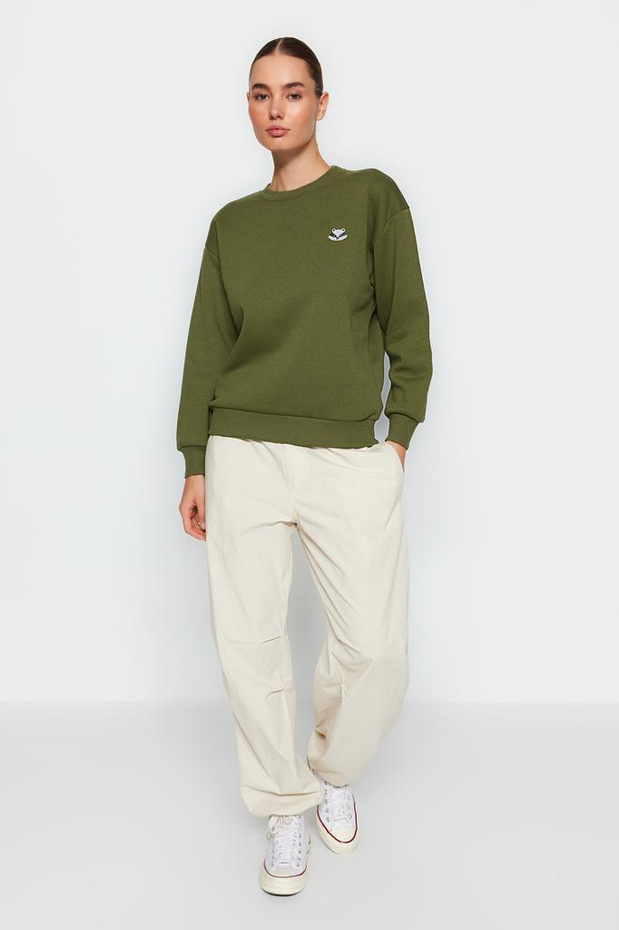 Женская модная новая толстовка цвета хаки с вышивкой животных, обычная нормальная посадка, толстая внутри, флисовая вязаная толстовка