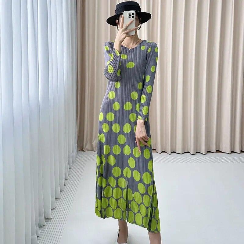 Женские осенние платья, новинка, плиссированная длинная юбка с круглым вырезом и рукавами 9/4, круглый горошек