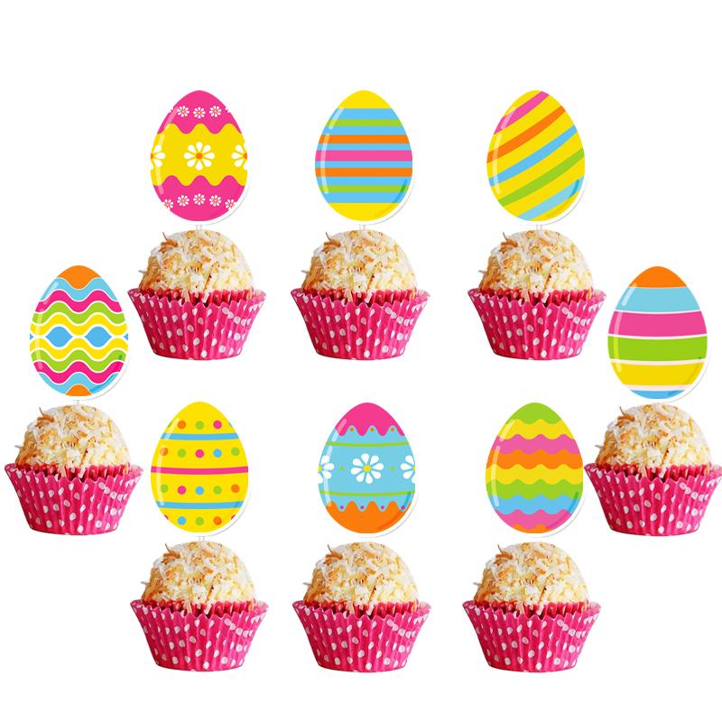 12/24pcs Colorful Easter Eggs Cupcake Toppers Spring Eggs Paper Cake Picks Easter Day Cake Decorations Easter Theme Supplies