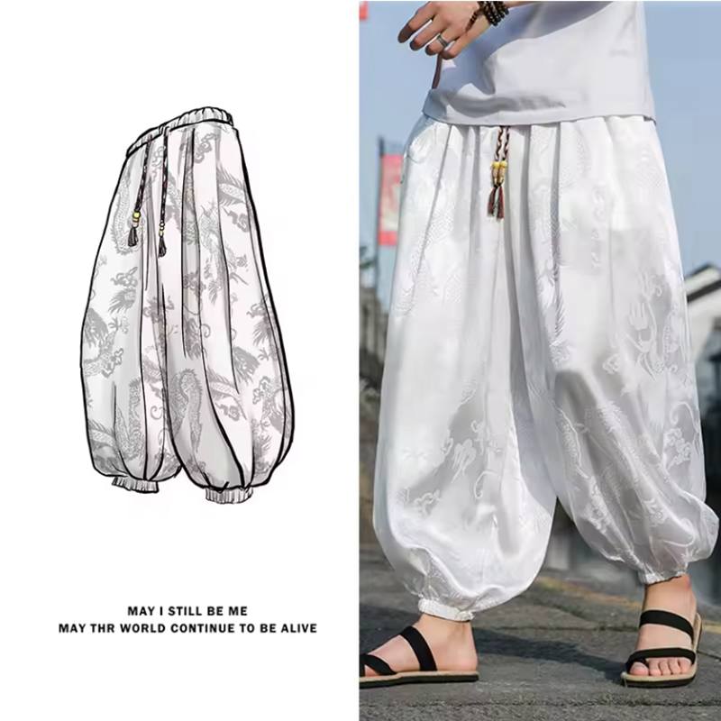 Мужские брюки бренда для улицы из ледяного шелка с темным цветочным принтом дракона, свободные шаровары, высокое качество, широкие штанины, повседневные брюки