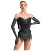 Womens Sparkling Tassel Dancewear Mesh Draped Leotard Rhinestone Fringed Bodysuit Adjustable Strap Gymnastics Outfit
