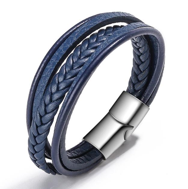 Multi-Layered Navy Blue Leather and Braided Cord Bracelet 23cm