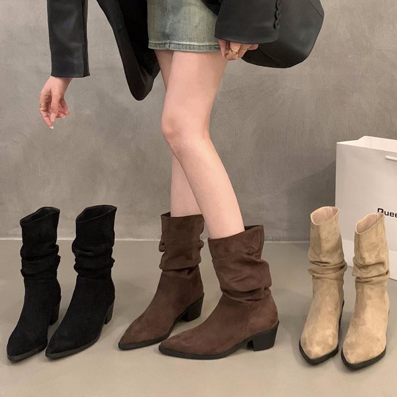 Зимние женские ботильоны на толстой подошве из замши с острым носком и складками на среднем каблуке 2025 года, классические готические туфли-лодочки Chelsea Botas De Mujer