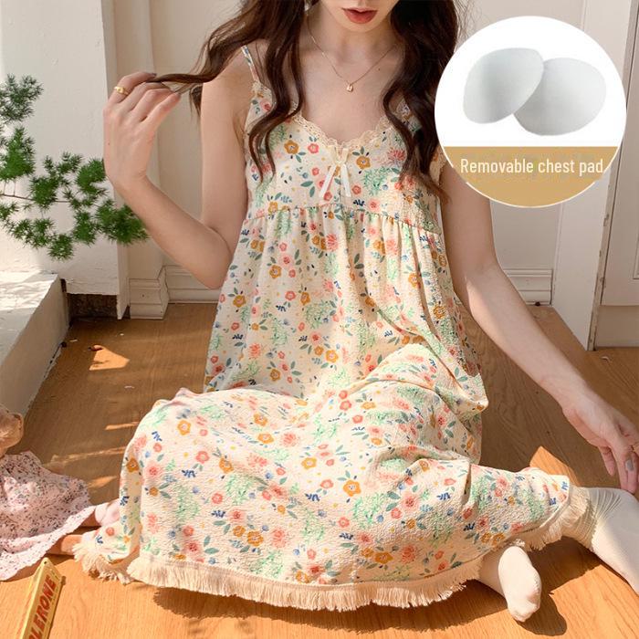 Летняя ночная рубашка с цветочным принтом и нагрудными подушечками - Милая, свободная, средней длины пижама