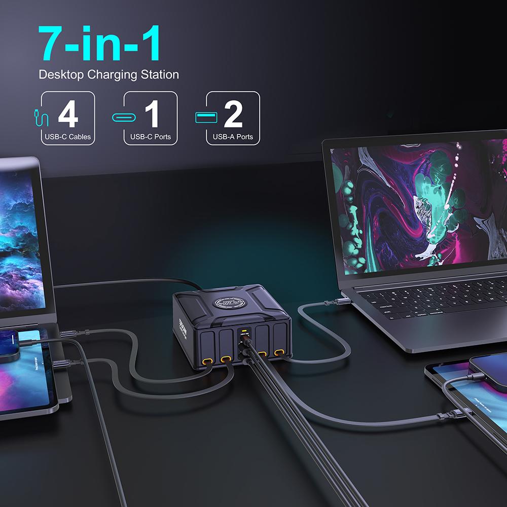 7-в-1 Зарядная станция 550 Вт с выдвижным USB C кабелем 100 Вт Быстрое зарядное устройство GaN для MacBook Pro iPhone 17 Samsung Ноутбука Планшета