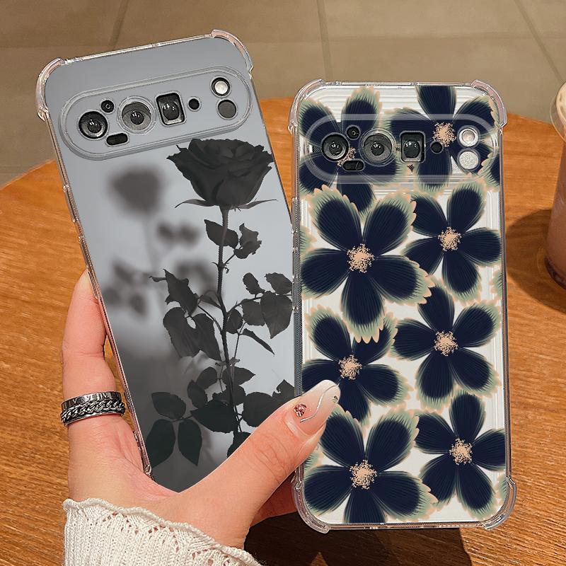 Черный Цветочный Узор Розы Чехол Для Google Pixel 9 Pro XL 9A Ударопрочный ТПУ Силикон Прозрачный Мягкий Чехол