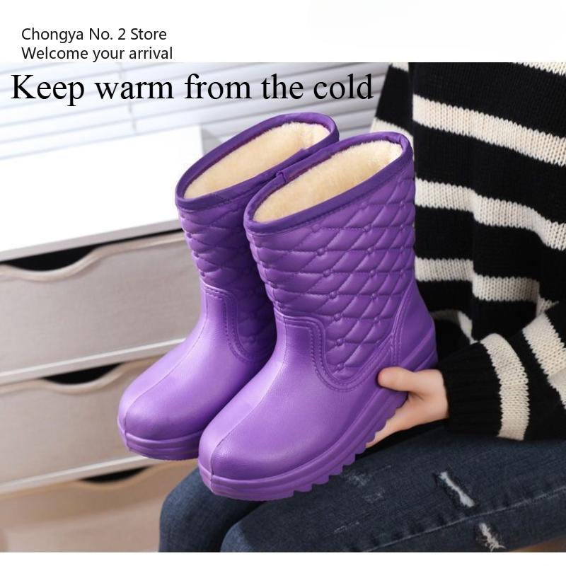 Waterproof Fleece Snow Boots Women's Mid-calf Water Boots Warm Water Boots Women's Rubber Shoes Kitchen Cotton