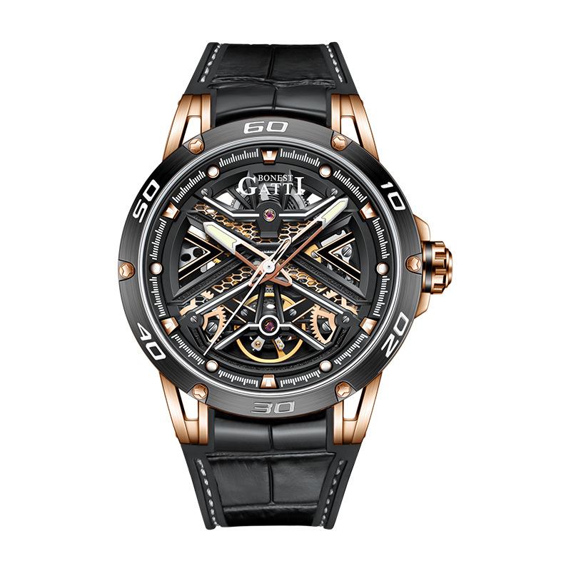 Bonest Gatti Watches Men's Casual Round Hollowed-out Spiral Tourbillon Mechanical Watch