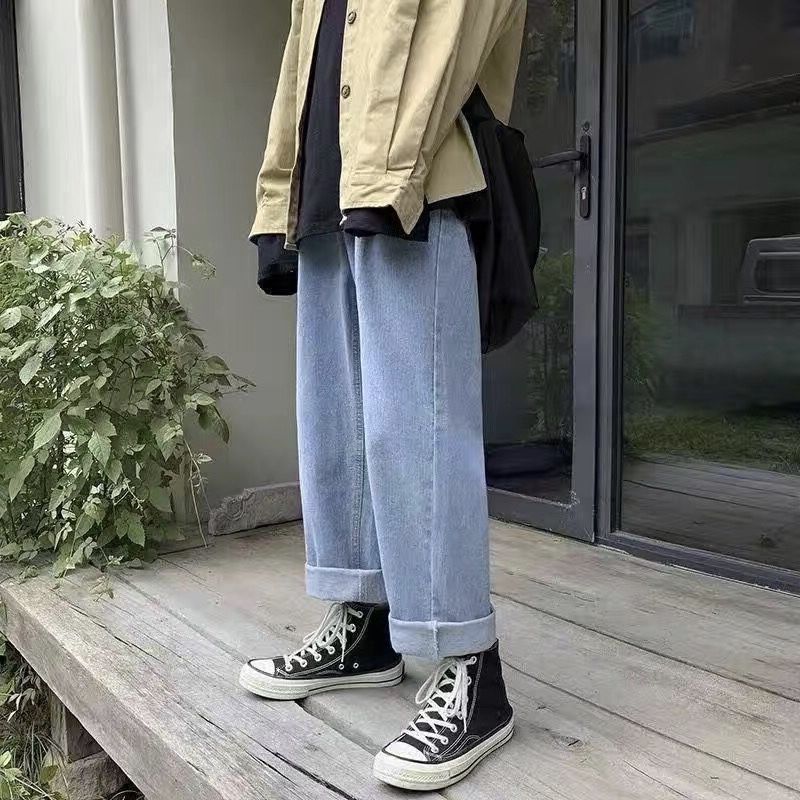 Прямые джинсы с девятью точками. Мужские свободные узкие брюки на ремнях. Трендовые универсальные широкие брюки для студентов-мужчин.