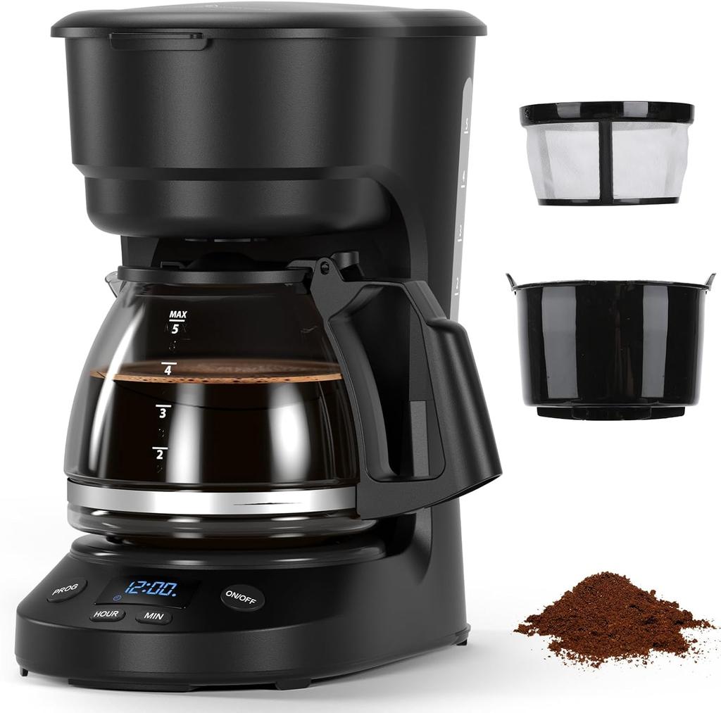 5-Cup Drip Coffee Maker, a compact coffee machine with a digital clock and 24-hour programmable timer, featuring Auto