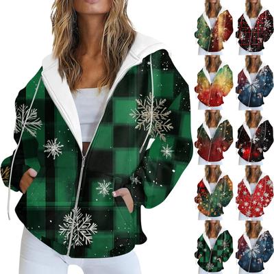 Женская повседневная рождественская печатная толстовка на осень и зиму с длинными рукавами и карманом на молнии с капюшоном