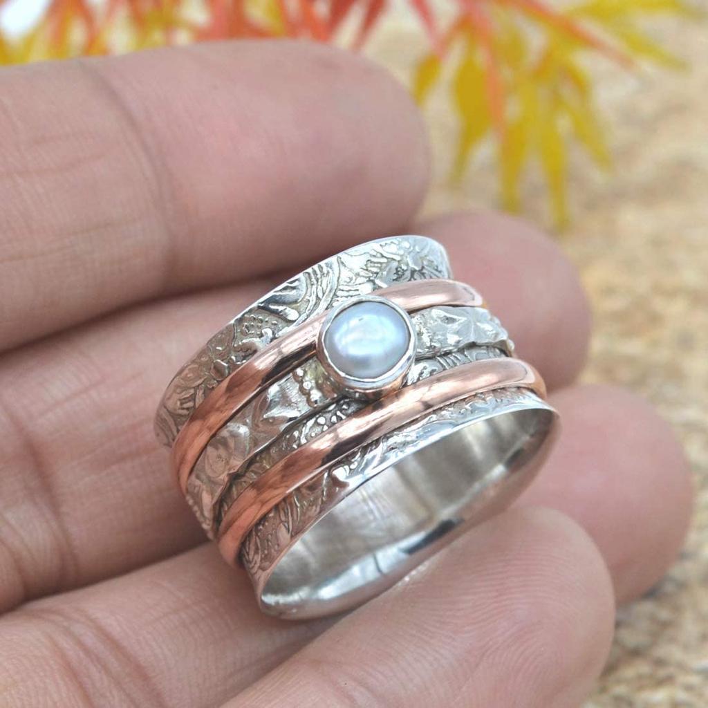 White Pearl Ring, Spinner Ring, Two Tone Ring, Designer Ring, Handmade Ring, Spinner Band, Bohemian Ring, Anniversary Gift