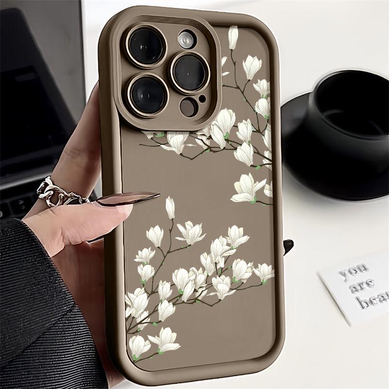 White Magnolia Pattern Phone Case For iPhone 16 15 14 Pro Max 15 16 Plus 12 13 Pro 11 16E Candy Color Shockproof Silicone Cover