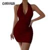 Women's V-neck Tight Short Dress Pleated Backless Sexy Slim Package Hip Dresses