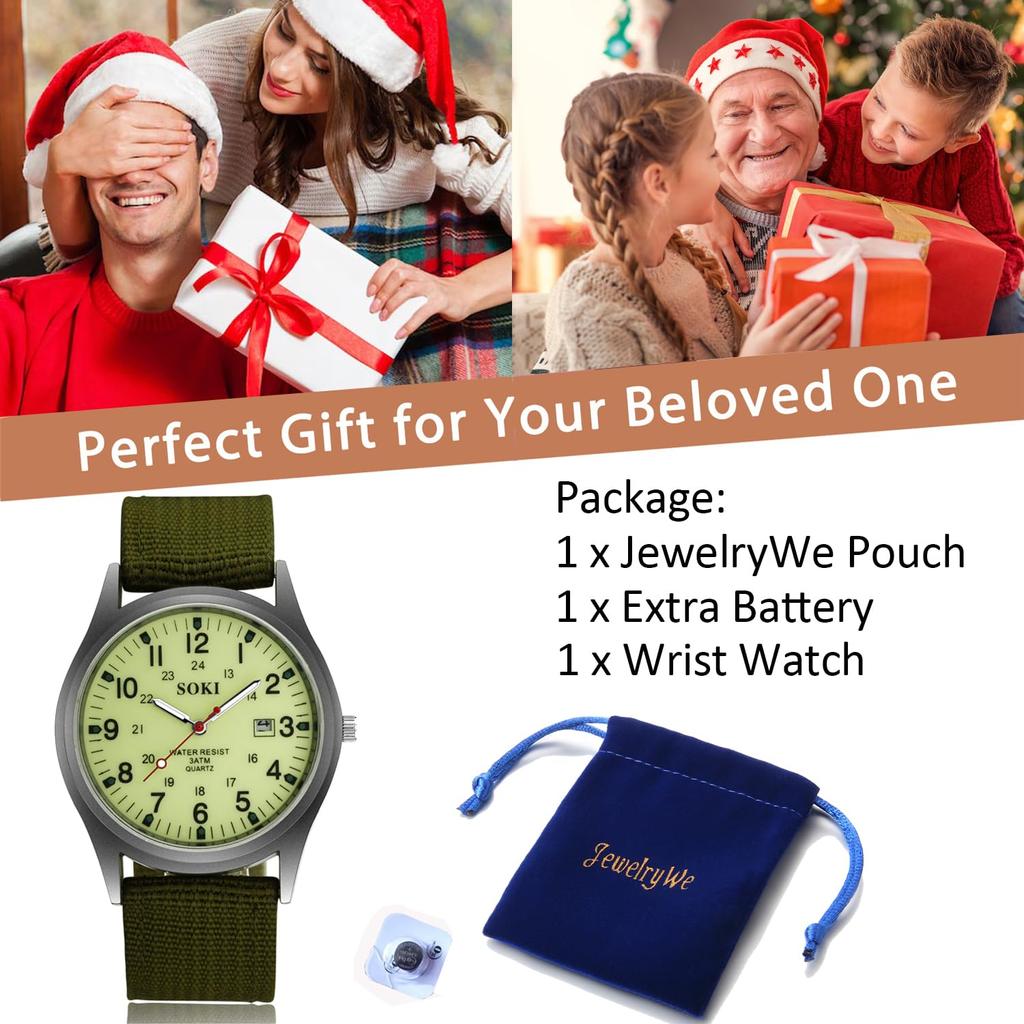 Antique Calendar Luminous Analog Display Simple Stylish Sports Watch Quartz Nylon Belt Green Camping Climbing Fashion Accessories Birthday Anniversary